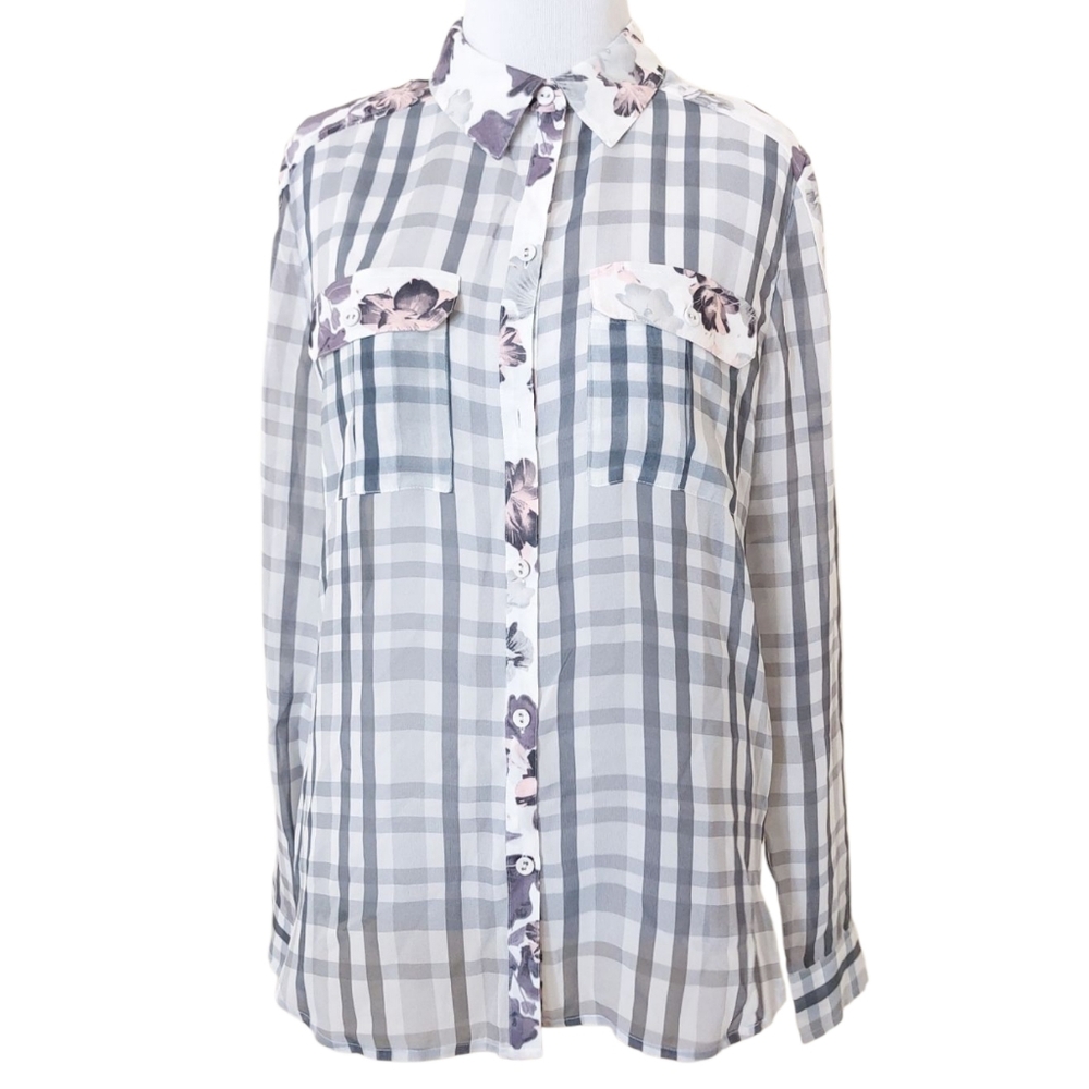 PAIGE 100% Silk Sheer Plaid Button-Up Shirt with Floral Accents Womens XS